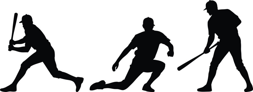 Baseball player silhouettes in various batting stances against a white background