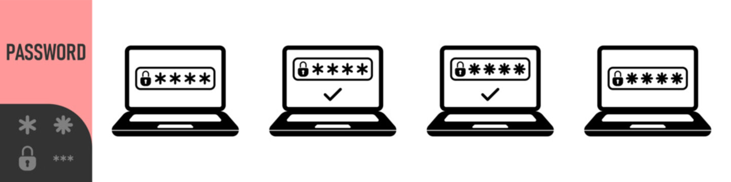 Two steps authentication icon. Verification or sms with code message confirmation for account login. Multi-factor authentication verification code. Laptop password verification or sms with push code 