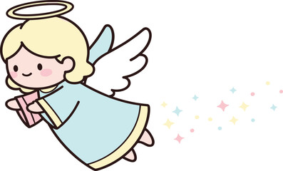 Cute flying angel holding a gift with pastel wings and sparkling stars creating a magical heavenly atmosphere