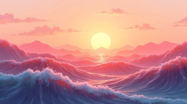 A tranquil sunset over rolling ocean waves, with soft pastel colors blending beautifully in the sky.