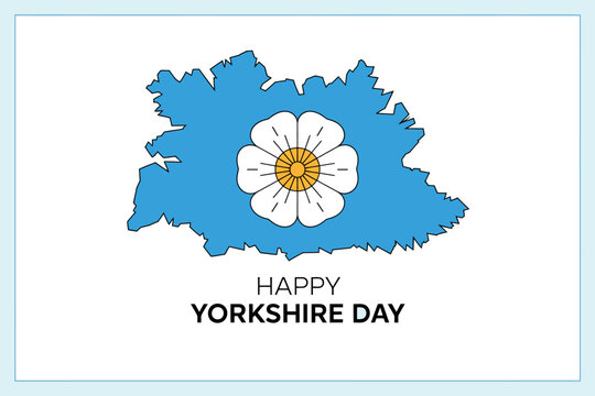 Happy Yorkshire Day celebrated with the county's iconic white rose emblem against a blue background. - Powered by Adobe