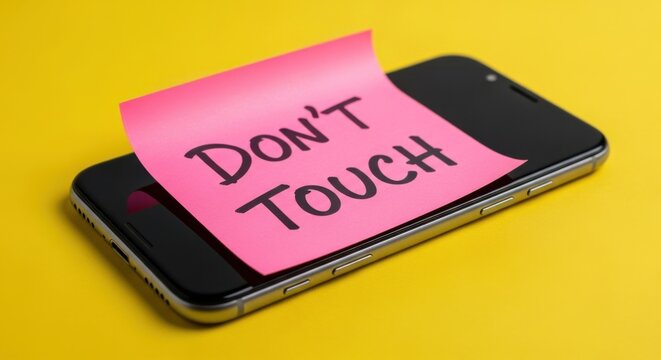 Sticky note on a smartphone screen warns not to touch the device, highlighting personal boundaries in a vibrant setting