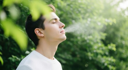 Young man enjoying fresh air while standing in a lush green garden during the late afternoon