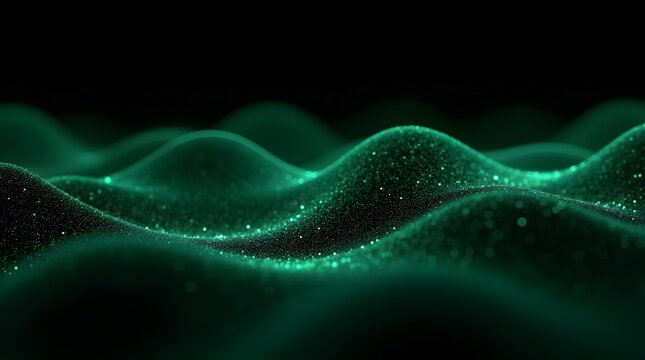Abstract swirling green waves glimmering with tiny particles, creating a mesmerizing and futuristic atmosphere.