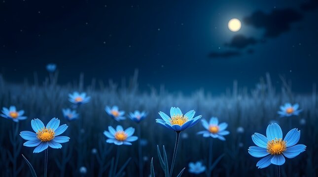 A serene night scene showcasing vibrant blue flowers illuminated by a full moon. - Powered by Adobe