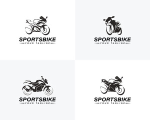 Four black sportbike motorcycle logos with text placeholders graphic