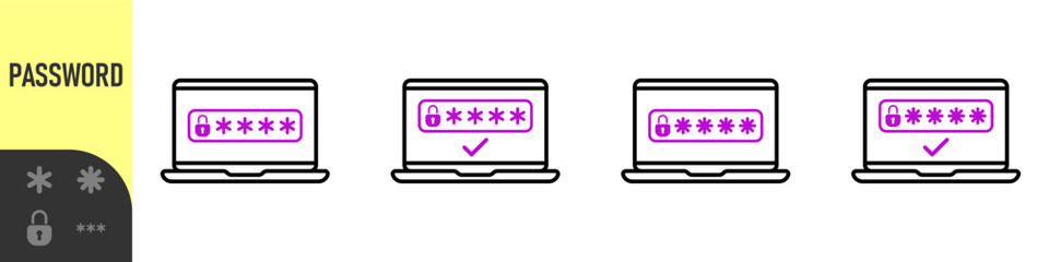 Two steps authentication icon. Verification or sms with code message confirmation for account login. Multi-factor authentication verification code. Laptop password verification or sms with push code 