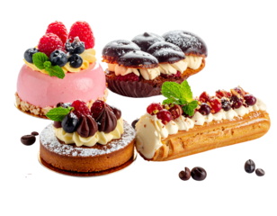Assortment of gourmet pastries featuring fresh fruit, cream fillings, and chocolate accents. The selection includes tarts and eclairs