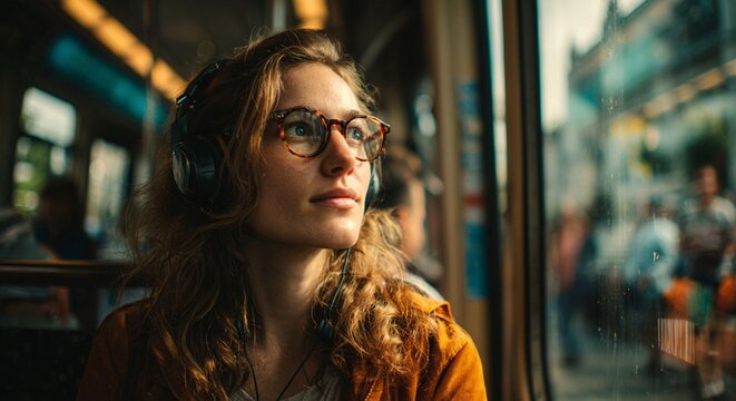 Young woman wearing headphones and glasses gazing out train window authentic lifestyle portrait on an urban commute