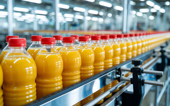 Numerous orange juice bottles on a conveyor belt beverage production - Powered by Adobe