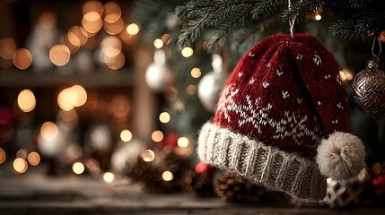 Santa's red hat with white fur trim hangs on the branches of a snow-covered spruce.