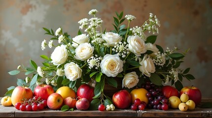 A stunning arrangement of white roses and a variety of fresh apples and grapes on a rustic wooden table.