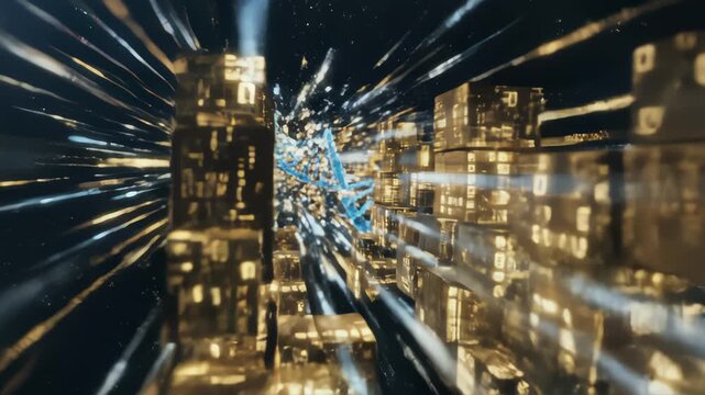 Animated Dna Strand Transforms Into Digital Code in Dark Space