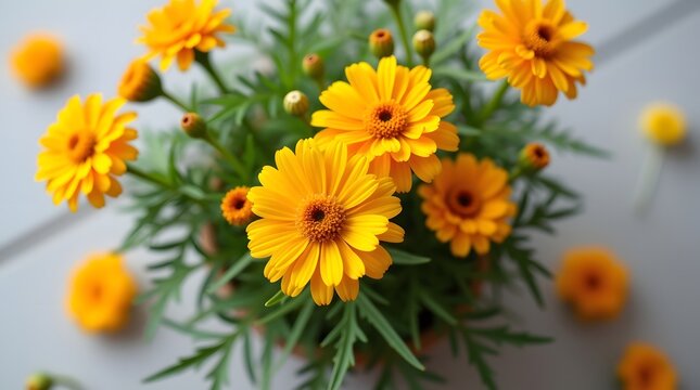 A vibrant display of yellow marigold flowers in a potted plant, radiating warmth and cheerfulness.