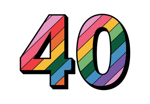 A bold rainbow-colored number 40 is presented against a white background, signifying celebration and milestones.