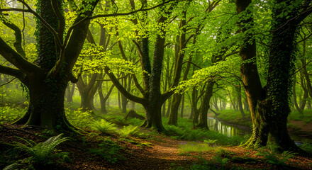 Obraz premium Enchanting Forest Trail Sunlight Through the Canopy in a Verdant Wood