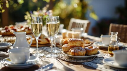 Enjoying a Sunny Brunch Table With Wine, Pastries, and Cheerful Moments in a Garden Setting