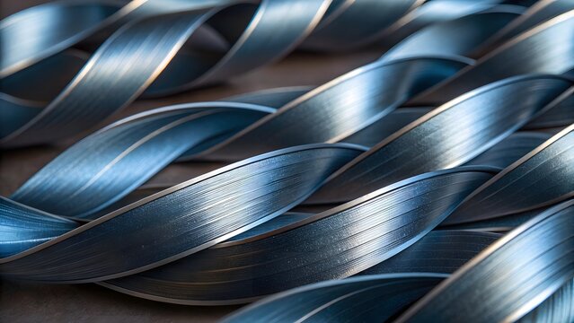 Close up abstract texture of twisted metallic blue ribbons with a subtle hammered pattern creating a luxurious and elegant background