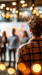 Man with curly hair and plaid shirt attending a brainstorming session with sticky notes and colleagues, under warm, blurred lighting.
