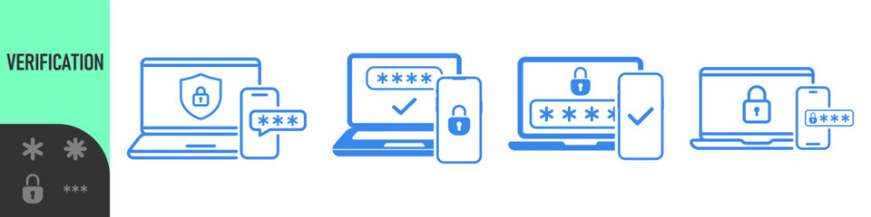 Two steps authentication icon. Verification or sms with push code message confirmation for account login. Multi-factor authentication design verification code message. Phone and laptop password secure