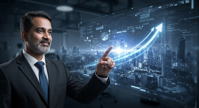 Confident businessman analyzing futuristic digital data and growth charts over a vibrant cityscape at night, planning future success.