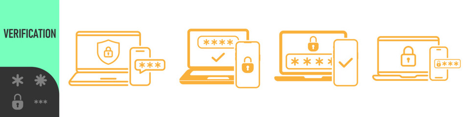 Two steps authentication icon. Verification or sms with push code message confirmation for account login. Multi-factor authentication design verification code message. Phone and laptop password secure