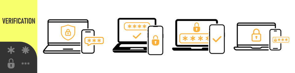 Two steps authentication icon. Verification or sms with push code message confirmation for account login. Multi-factor authentication design verification code message. Phone and laptop password secure