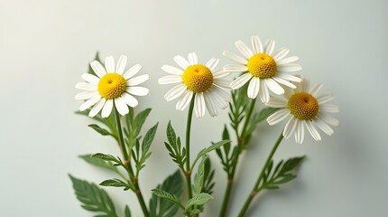 Obraz premium Beautiful white daisies with bright yellow centers arranged on a soft pastel background, creating a serene floral display.