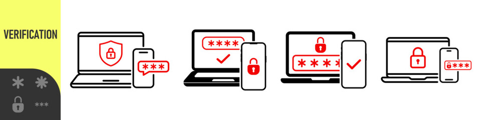 Two steps authentication icon. Verification or sms with push code message confirmation for account login. Multi-factor authentication design verification code message. Phone and laptop password secure