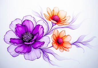 Obraz premium Watercolor painting featuring vibrant purple and orange flowers isolated on white background