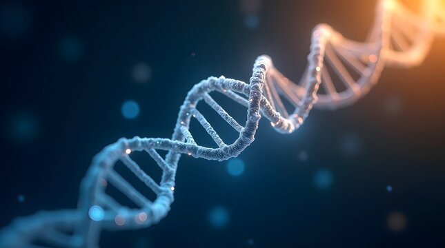 A close-up of a DNA double helix illuminated with blue and orange lights, representing genetic research and molecular biology. - Powered by Adobe