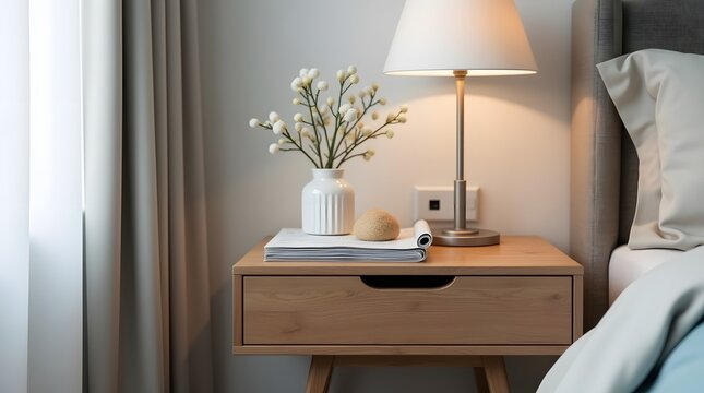 A cozy bedside table adorned with a simple vase, flowers, and a neatly arranged magazine, creating a serene and inviting atmosphere.