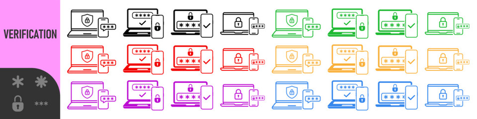 Two steps authentication icon. Verification or sms with push code message confirmation for account login. Multi-factor authentication design verification code message. Phone and laptop password secure
