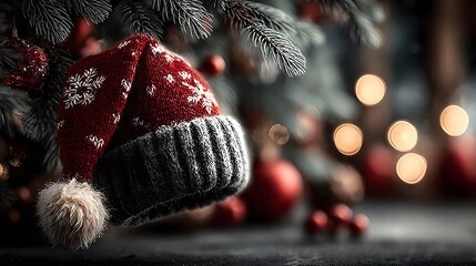 A red knitted Santa Claus hat with patterns of white snowflakes and a fluffy pompom is draped over snow-covered fir branches.
