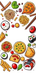 Flat lay of delicious food doodles, featuring pasta, pizza, and sushi in a charming hand-drawn style,  art,  fast food