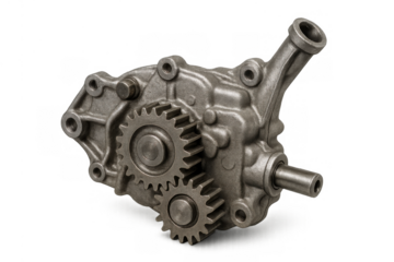 Engine oil pump mechanism managing lubrication for automotive powertrain and internal combustion car repair service with transparent background