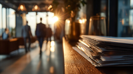Fototapeta premium Business documents sit atop a desk as colleagues converge, the sun's glow through the windows creating a scene of productivity.