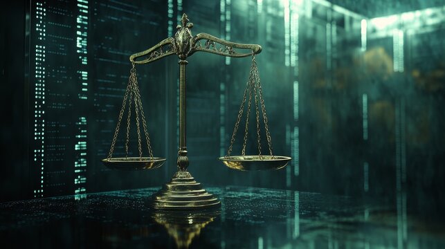 Law scales on background of data center. Digital law concept of duality of Judiciary, Jurisprudence and Justice and data in the modern world.