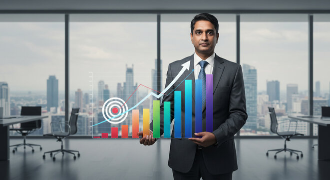 Confident businessman presents dynamic growth chart and target in modern office with city skyline view, symbolizing success and strategic planning