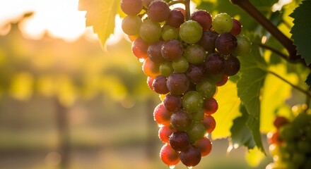 Naklejka premium Ripe Grapes on Vine with Dew in Warm Sunlight