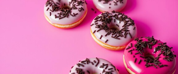 Pink background, chocolate sprinkle donuts, sweet treats, confectionery,  background,   donut background
