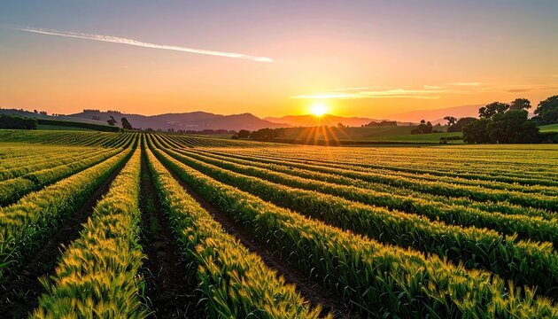 Golden Sunset Over Agricultural Field with Row Crops and Distant Buildings Under a Clear Orange Sky Landscape - Powered by Adobe