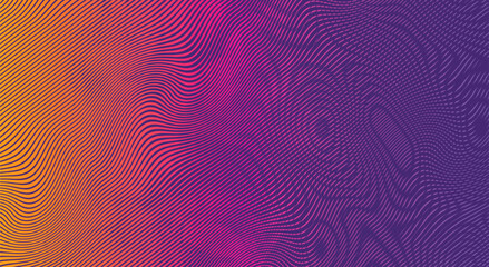 Fototapeta premium Vector wavy lines gradient transition from purple to yellow background. Futuristic liquid glitch made by thin distorted lines .