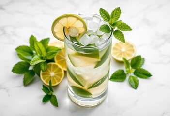 Refreshing mojito cocktail with lime, mint, and sugar on white marble,  ingredient,  delicious