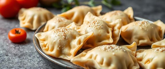 Close-up of delicious Turkish manti dumplings on a gray background,  food photography,  Turkish cuisine