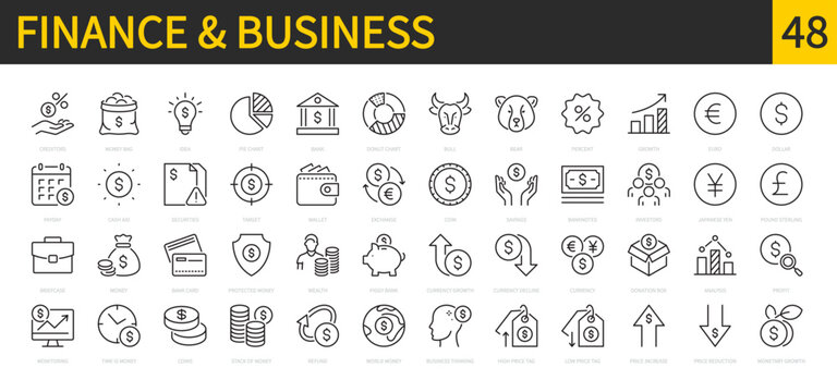 Finance & business icon set. Currency, dollar, money bag, savings, bank, credit card, euro, piggy bank, wallet, coin, banknotes, profit, creditors, analysis etc. Vector illustration. Editable stroke. 