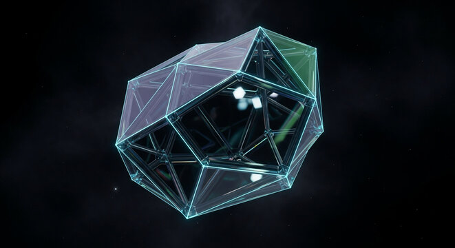 Stunning futuristic geometric crystal structure floating in deep space with glowing neon blue edges, symbolizing innovation and technology.