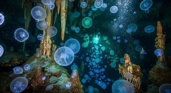 Underwater jellyfish marine life ocean sea nature aquatic wildlife adventure travel exploration diving cave - Powered by Adobe