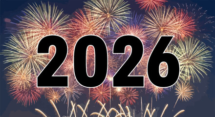 Bright fireworks illuminate the night sky celebrating the year of 2026
