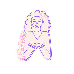 International Women's Day Sticker with a girl with her hands joined in a gesture of giving. Happy Women's Day Sticker. March 8th. Cartoon Vector illustration design for Sticker, Label. Givegogain 2026